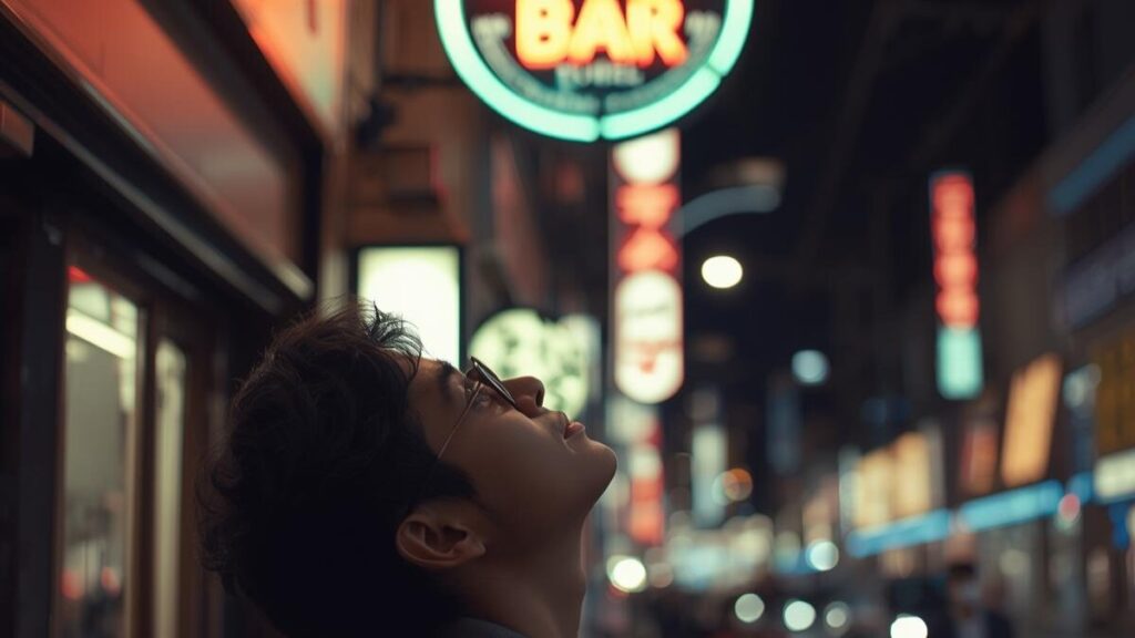 夜の国際通りのネオンの下、次に行く店を探して看板を見上げる40代男性。沖縄一人旅ならではの自由な時間と、男の出会いを求めて街を歩くリアリティのある探索シーン。