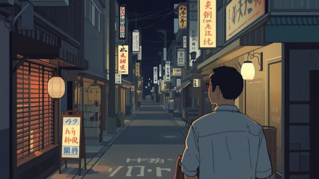 夜の国際通りを歩きながら、沖縄一人旅で男の出会いを見つけるコツを解説する画像。ネオンが灯る賑やかな通りを落ち着いて散策する男性のイラストです。