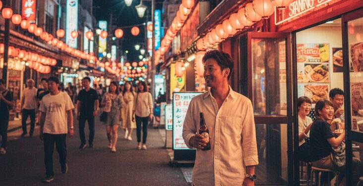 沖縄一人旅中の日本人男性が、夜の国際通りを散策しながら、客引きの看板が並ぶ通りで、出会いのきっかけを探している様子。