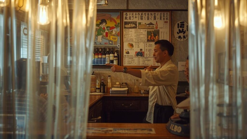 沖縄一人旅の醍醐味、1人飲みで賑わう大衆酒場の風景。40代男性がカウンター越しに注文したり、隣の客と談笑したりする様子を捉え、男の出会いが生まれやすい気さくな店の雰囲気を表現。