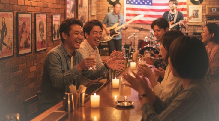 沖縄一人旅で出会いを求める日本人男性が、音楽が流れるおしゃれなバーで、カウンター席に座り、仲間とカクテルを片手に会話を楽しむ様子。