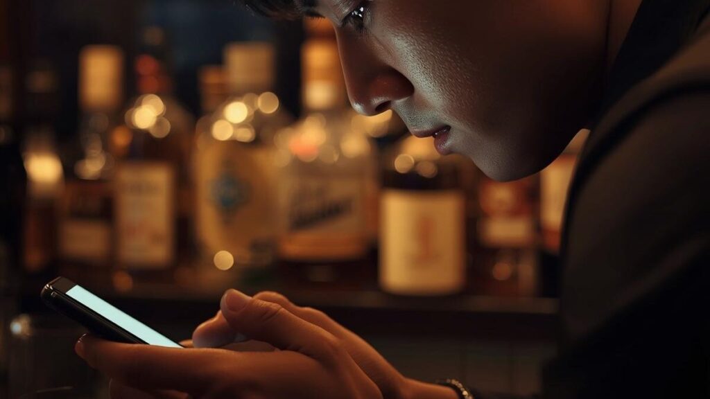 リアルで成果が出ない時、静かなバーで気持ちを切り替える40代男性の横顔。沖縄一人旅で男の出会いを焦らず、アプリを使ったり酒を味わったりする、大人の余裕ある解決策のシーン。