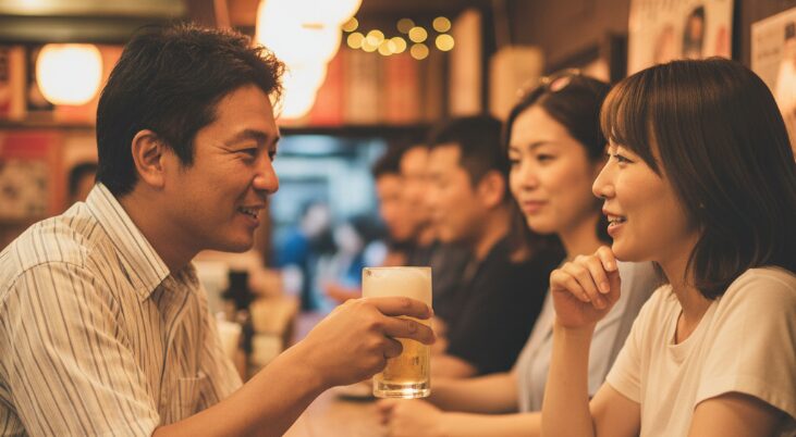 沖縄一人旅中の日本人男性が、カウンター席がメインの居酒屋で一人飲みをしており、隣に座った女性と自然な会話を楽しむ、出会いのチャンスを感じさせる一枚。