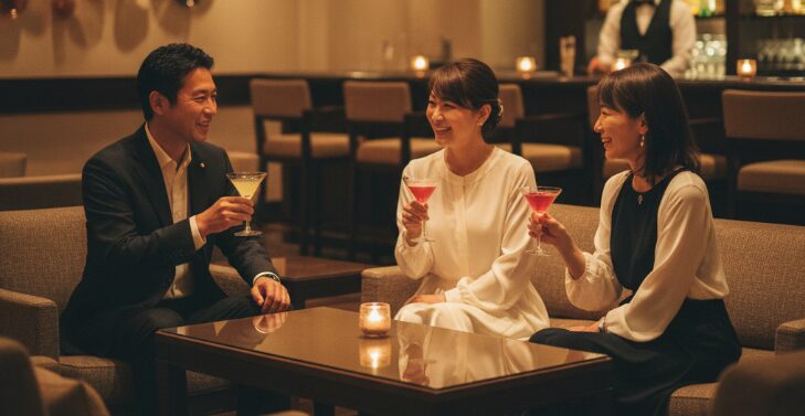 沖縄一人旅で出会いを求める40代の日本人男性が、落ち着いた雰囲気のバーラウンジで、女性二人とカクテルを片手に穏やかに会話を楽しんでいる様子。
