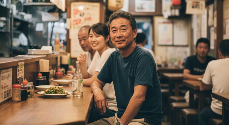 沖縄一人旅で男の出会いを求める日本人男性が、大衆酒場のカウンターでリラックスして座っており、地元の人々と気軽に交流しながら楽しんでいる様子。