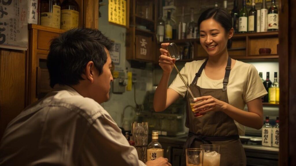 沖縄一人旅でジモティーと繋がるディープな場所として、30代の女性ママが切り盛りする小料理屋を紹介。カウンター越しに会話が弾む様子を描き、男の出会いや地元ならではの情報を得られる大人の隠れ家を表現。