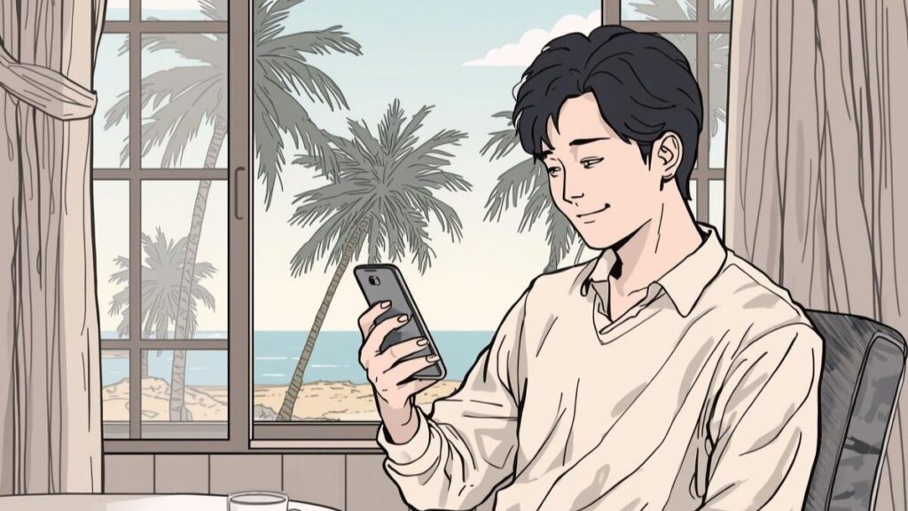 マッチングアプリを活用する戦略を視覚化した画像。沖縄一人旅で男の出会いを確実にするため、事前に現地の人とやり取りをする男性の姿を描いています。