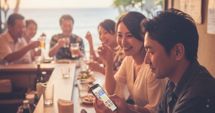 沖縄一人旅で出会いを探す男性が、バーカウンターでマッチングアプリを使いこなす様子。周りには楽しそうな地元の人々がおり、オンラインとリアルの出会いの両方を期待させる温かい雰囲気。沖縄の夕焼けが窓の外に見えるソフトフォーカス写真。