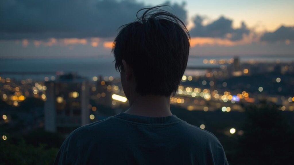 沖縄一人旅を終え、夜明けの街を見つめる40代男性の後ろ姿。恥を捨てて行動した男の出会いや経験が、明日への活力に変わったことを物語る、旅の締めくくりにふさわしい一枚。