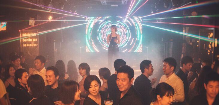 沖縄の賑やかなクラブで、多くの男女が音楽に合わせて踊り、お酒を楽しむ様子。華やかなライトが照らすダンスフロアで、情熱的な出会いを求める男性のワンナイトスポットを示唆するソフトフォーカス写真。