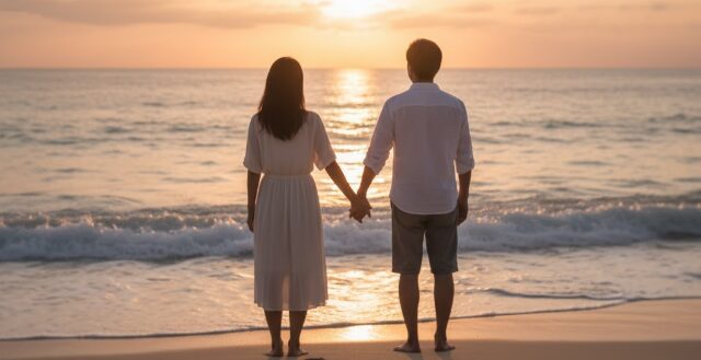 沖縄のマッチングアプリで出会った40代カップルが、夕暮れのビーチで手を取り合い、幸せな未来を見つめている様子。