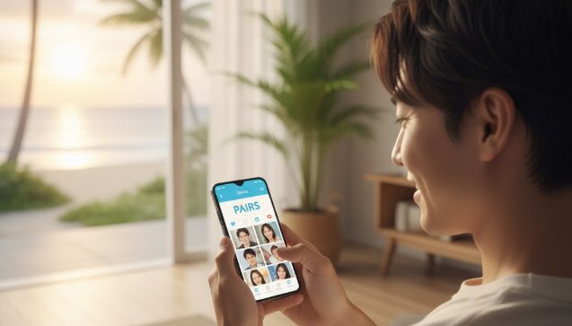 沖縄の柔らかな光が降り注ぐビーチを歩く日本人カップル。ペアーズを利用し、真剣な恋活・婚活を経て得た理想的な出会いと幸せな未来を象徴しています。
