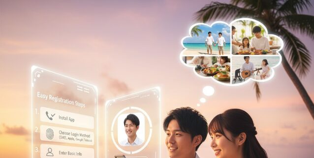 沖縄でペアーズに簡単に登録し、未来の出会いに期待を寄せる日本人カップル。シンプルな登録手順と、それによって広がる出会いの可能性を表現。

