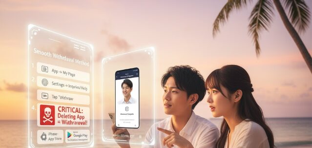 沖縄でペアーズをスムーズに退会する手順を確認する日本人カップル。恋人ができた喜びや、アプリ利用を終える際の簡単な手続きを象徴。