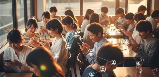 沖縄のカフェでスマホを使う多くの人々が線で繋がり合う様子。沖縄県内でペアーズが誇る圧倒的な会員数の多さと、出会いの機会の豊富さを表します。