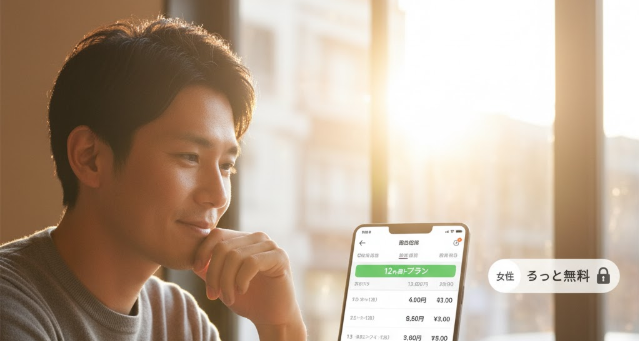 沖縄の温かい日差しの中で、男性がスマホでペアーズの料金プランを確認。長期プランの割安さや、真剣度の高い男性有料会員制度の仕組みを説明する画像です。
