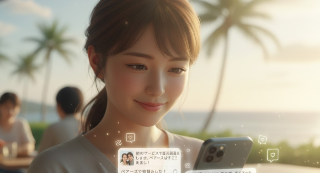 沖縄のカフェで、ペアーズの評判を見て微笑む日本人女性。沖縄ユーザーからの「会員数が多い」というポジティブな口コミや、実際の利用者の声を表現します。
