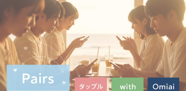 沖縄の風景とアプリの比較グラフを重ねたイメージ。ペアーズが他のアプリと比較して「会員数」と「真剣度」のバランスが沖縄での婚活に最適であることを強調します。
