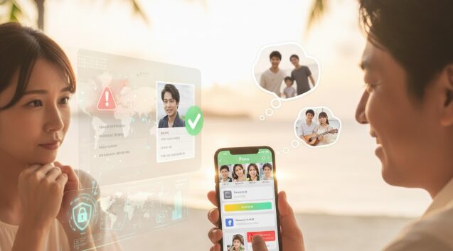 沖縄の夕焼けの下、安心感のある表情でペアーズを利用する日本人カップル。アプリの高度な安全対策と監視体制が、信頼できる出会いをサポートする様子を表現。
