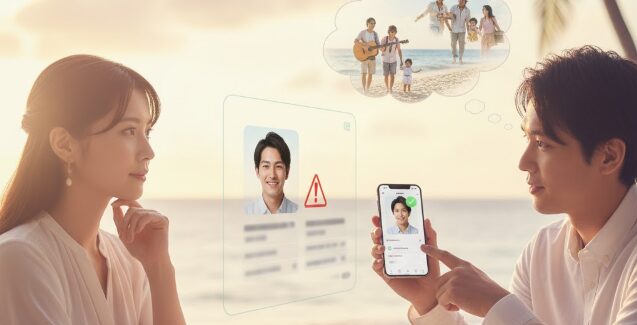 沖縄のビーチで、ペアーズ利用中に要注意人物の特徴を見分けて警戒する日本人カップル。詐欺や不適切なユーザーから身を守るための注意喚起を象徴。
