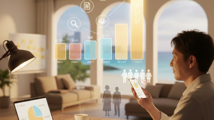 沖縄の柔らかな光の中で、40代男性がスマホで「アンジュ」のマッチングアプリを操作し、出会いのコツを探る様子。沖縄での真剣な出会いを求める人に向けた情報収集の風景。