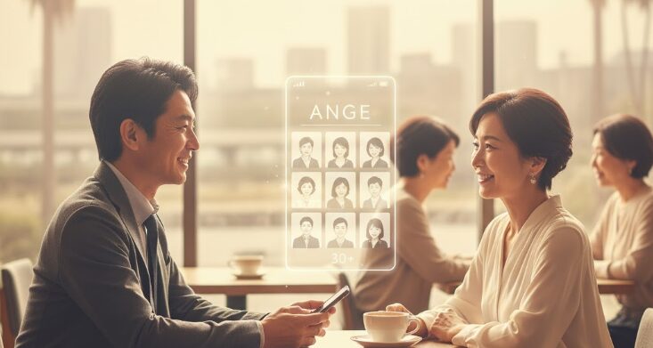カフェで笑顔で会話する30代以上の男女。「アンジュ」は30歳以上限定のマッチングアプリで、沖縄でも落ち着いた出会いを求める方に適しています。