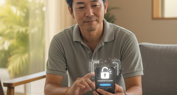 沖縄でマッチングアプリのアンジュを退会する40代男性。スマートフォンで退会手続きを進める様子が描かれており、サブスクリプション停止やアカウント削除の注意点をイメージさせるソフトフォーカス写真。