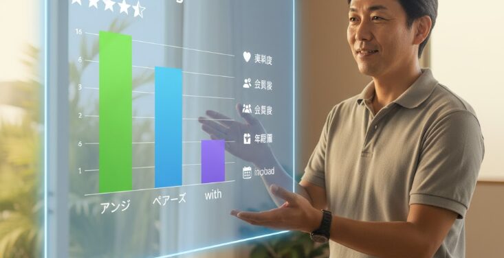 沖縄の自宅でアンジュの評価について解説する40代男性。ホログラムで表示されたアンジュと他アプリの比較グラフを指し示し、沖縄での出会いにおけるアンジュの強みを評価するソフトフォーカス写真。