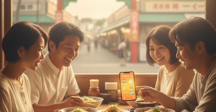 沖縄そばを囲んで楽しそうに会話する40代の男女グループ。「アンジュ」のコミュニティ機能で沖縄ならではの共通の趣味が見つかり、出会いのきっかけに繋がるメリットを表現。