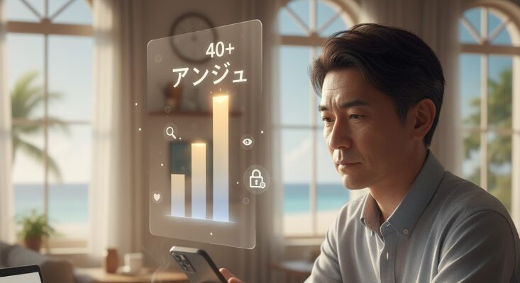 沖縄の穏やかな日差しが差し込む部屋で、40代男性が「アンジュ」アプリの評判や口コミをスマホで真剣に調べている様子。沖縄での出会いを真剣に考える人の情報収集。