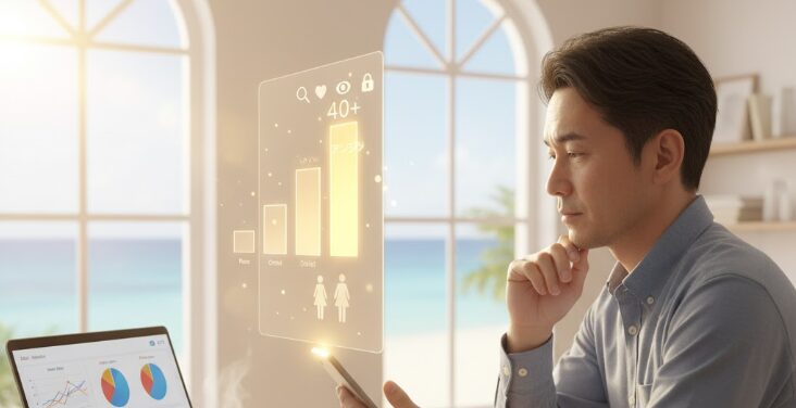 沖縄の景色が見える窓際で、40代男性が「アンジュ」と他のマッチングアプリを比較検討。沖縄で自分に合った出会いを見つけるための選択肢を考える風景。