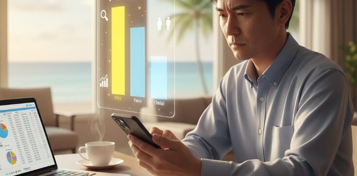 沖縄の景色が見える窓際で、40代男性が「アンジュ」と他のマッチングアプリを比較検討。沖縄で自分に合った出会いを見つけるための選択肢を考える風景。