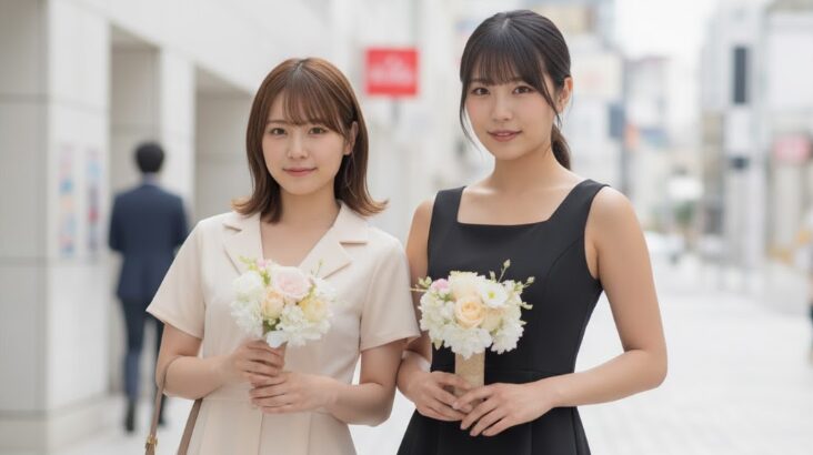 街中で信頼感のある2人の女性が穏やかに立つ様子。これは「アンジュ」が沖縄でも安全に利用でき、身分証確認や監視体制で安心して出会いを探せる信頼性を表現しています。