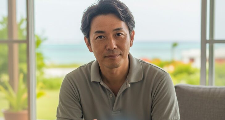 沖縄でマッチングアプリの利用を検討している40代男性が、アンジュの基本機能をタブレットで確認している様子。柔らかな沖縄の光が差し込むリビングで、真剣に出会いを探す姿を表現したソフトフォーカス写真。