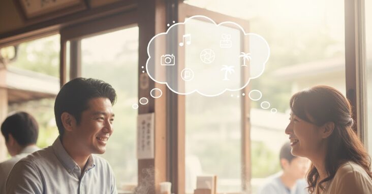 沖縄の飲食店で沖縄そばを食べながら会話を楽しむ40代のカップル。アンジュを通じて共通の趣味を見つけ、自然な出会いに繋がる様子を柔らかな沖縄の光で表現したソフトフォーカス写真。