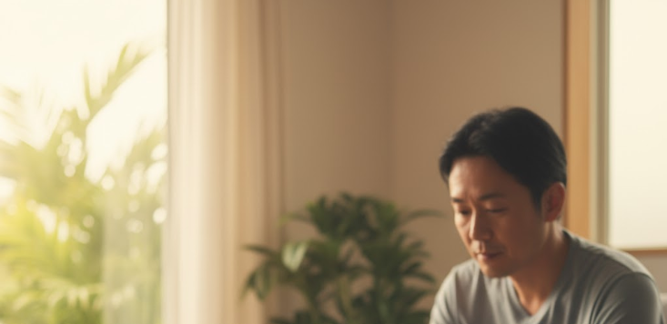 沖縄の自宅でアンジュに登録する40代男性。Web版での会員登録からアプリ版での年齢確認までの簡単な5ステップを図で示し、沖縄での出会いに向けて準備する様子を捉えたソフトフォーカス写真。