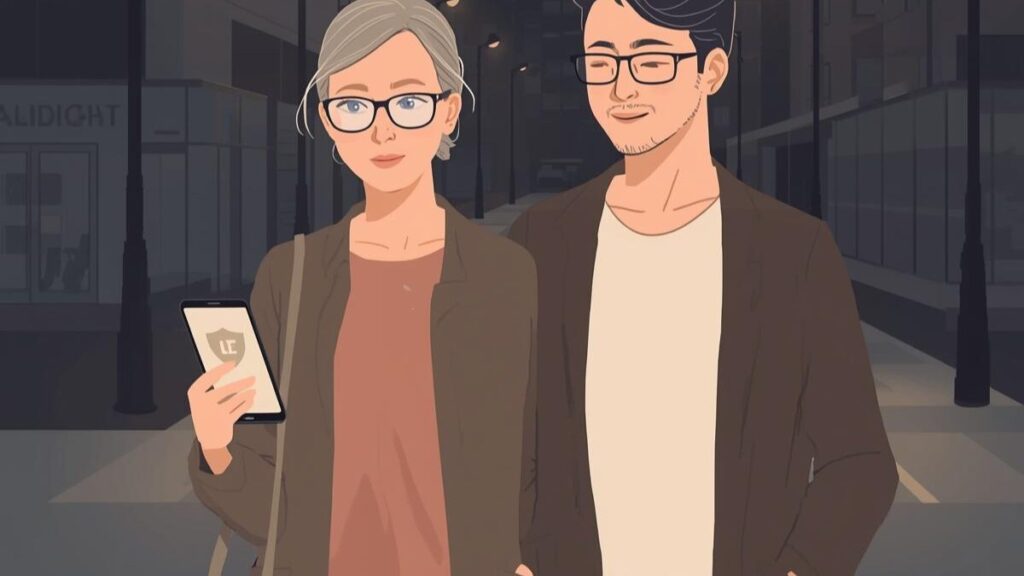 40代のマッチングアプリ攻略で安全性を高めるために、公的機関の公式ソースを確認しながら夜の街を安心して歩く男女のイラスト。