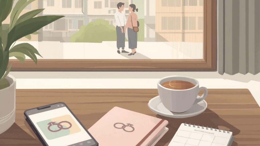 地方の室内でスマホと予定ノート、指輪アイコンが並ぶ結婚意識の雰囲気を描くマリッシュ・レビュー用画像