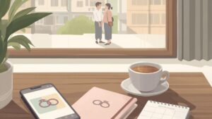 地方の室内でスマホと予定ノート、指輪アイコンが並ぶ結婚意識の雰囲気を描くマリッシュ・レビュー用画像