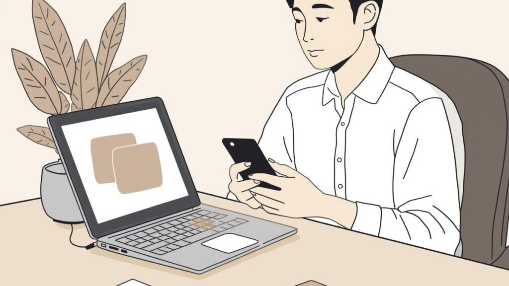 机で条件を見比べ、結婚を見据えた相性を検討する場面のマリッシュ・レビュー向けイラスト