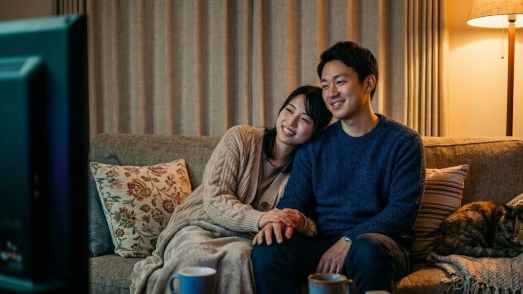 リビングのソファで寄り添い、映画を見る30代の日本人カップル。ブライダルネットのレビューをきっかけに出会った真剣な二人の、静かで幸せな日常を表現した情緒的な写真。