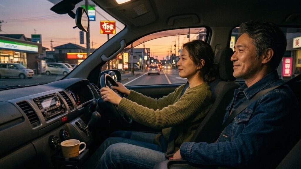 夕暮れ時のありふれた街並みを車内から眺める男女の横並びの様子を通じて、大人のデートで何するかにおいて重要な並列の距離感とリアリティのある安心感を表現した画像。