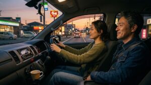 夕暮れ時のありふれた街並みを車内から眺める男女の横並びの様子を通じて、大人のデートで何するかにおいて重要な並列の距離感とリアリティのある安心感を表現した画像。