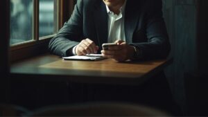 デートで何するか迷う40代男性が、落ち着いたカフェで相手を気遣いながらプランを練っている思慮深い様子。