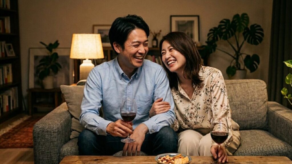 リラックスした空間で深い会話を楽しみ、デートで何するかを超えて心の距離を縮めていく、信頼関係が芽生えた40代の男女。