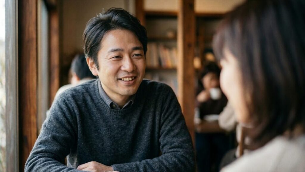 相手の話を穏やかな表情で聞く40代男性の姿を通じて、デートで何するかよりも大切な聞き上手な包容力と大人の余裕を表現した、情緒的でリアルな画像。