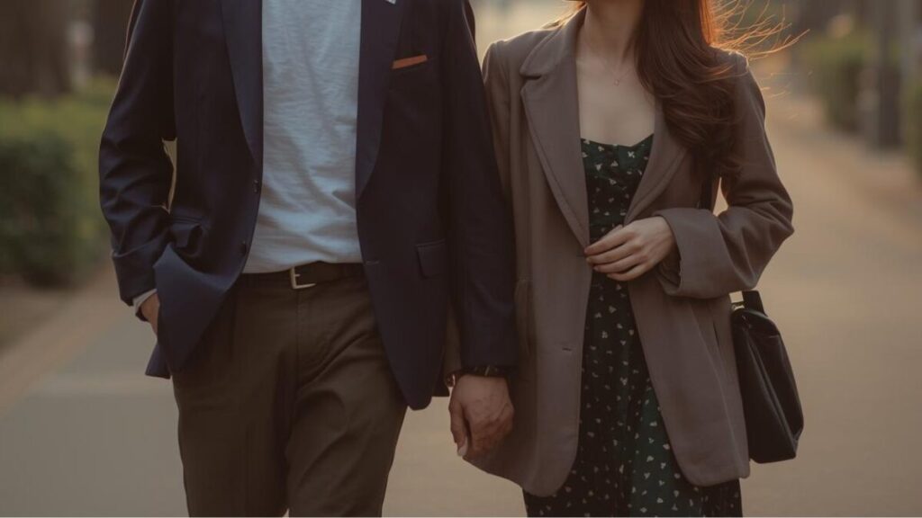 付き合う前の微妙な距離感を保ちつつ、デートで何するかという会話を楽しみながら自然な笑顔で歩く男女。