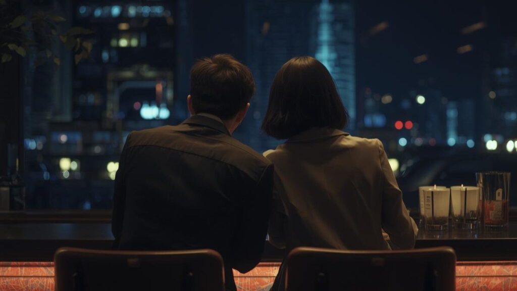 デートで何するか悩む大人におすすめの、横並びのカウンター席でリラックスして語り合うカップルの後ろ姿。