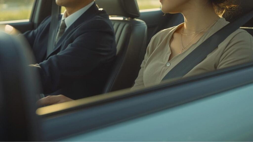 初回デートで何するか迷った選択肢としてのドライブ中、運転席の男性と助手席の女性がリラックスして過ごす車内の様子。