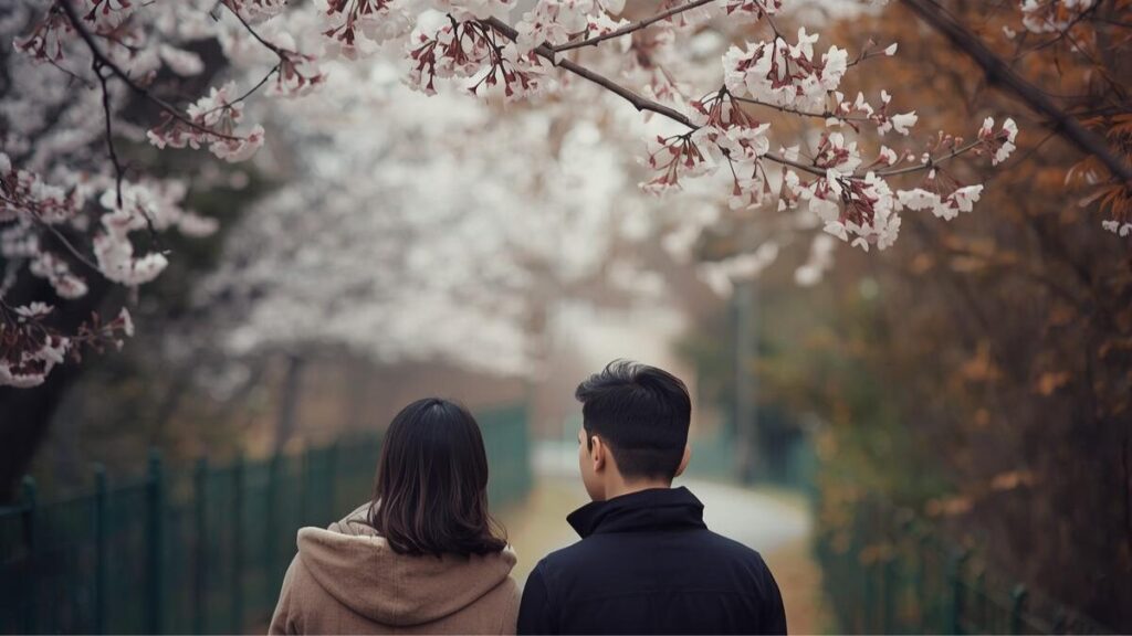 デートで何するかを楽しんだ帰り際、夜景をバックに良いムードで距離が縮まる大人の男女のシルエット。